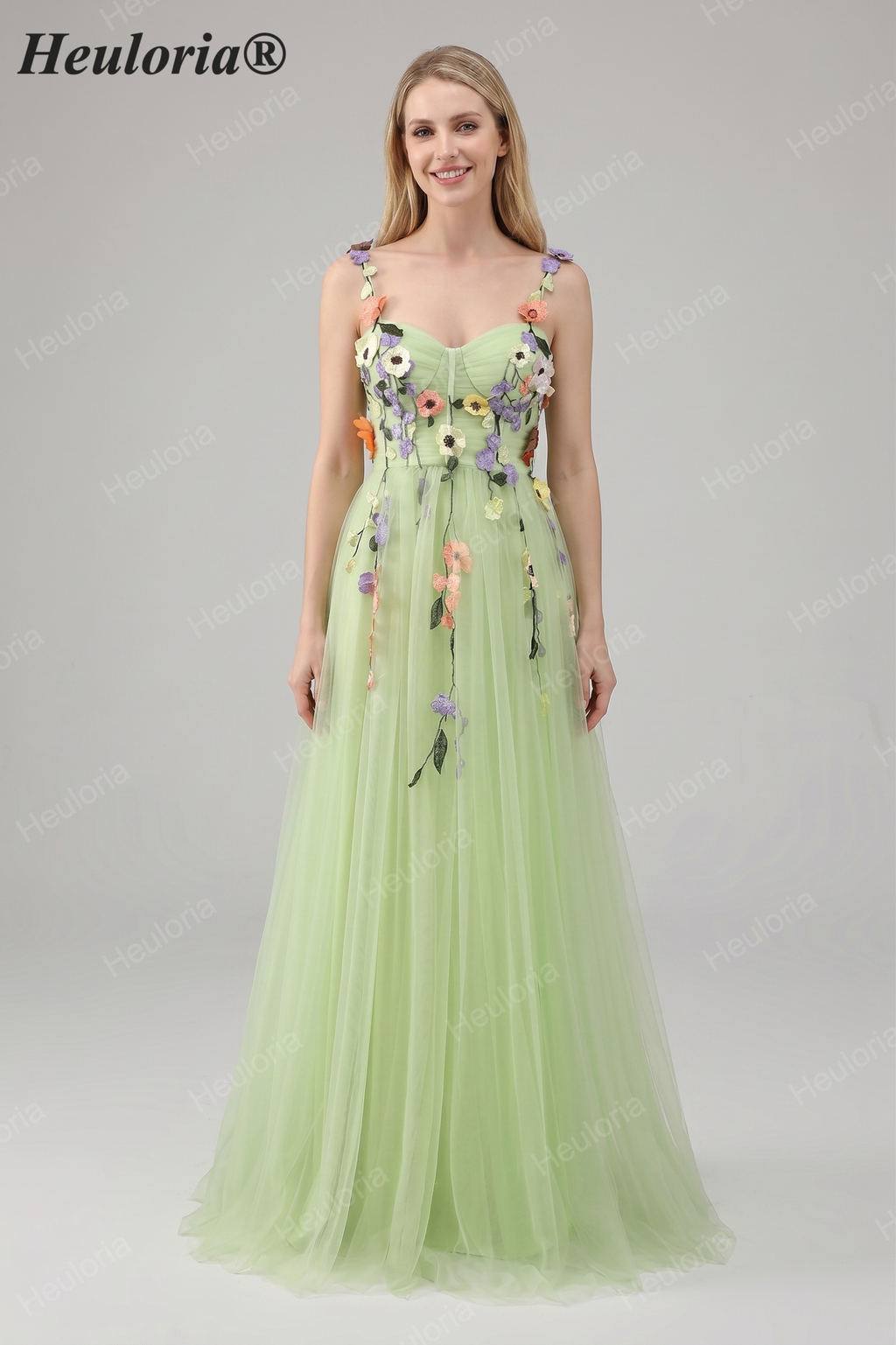 Heuloria Enchanted Garden 3D Floral Appliqué Tulle Prom Dress - Whimsical A-Line Formal Gown ED-585