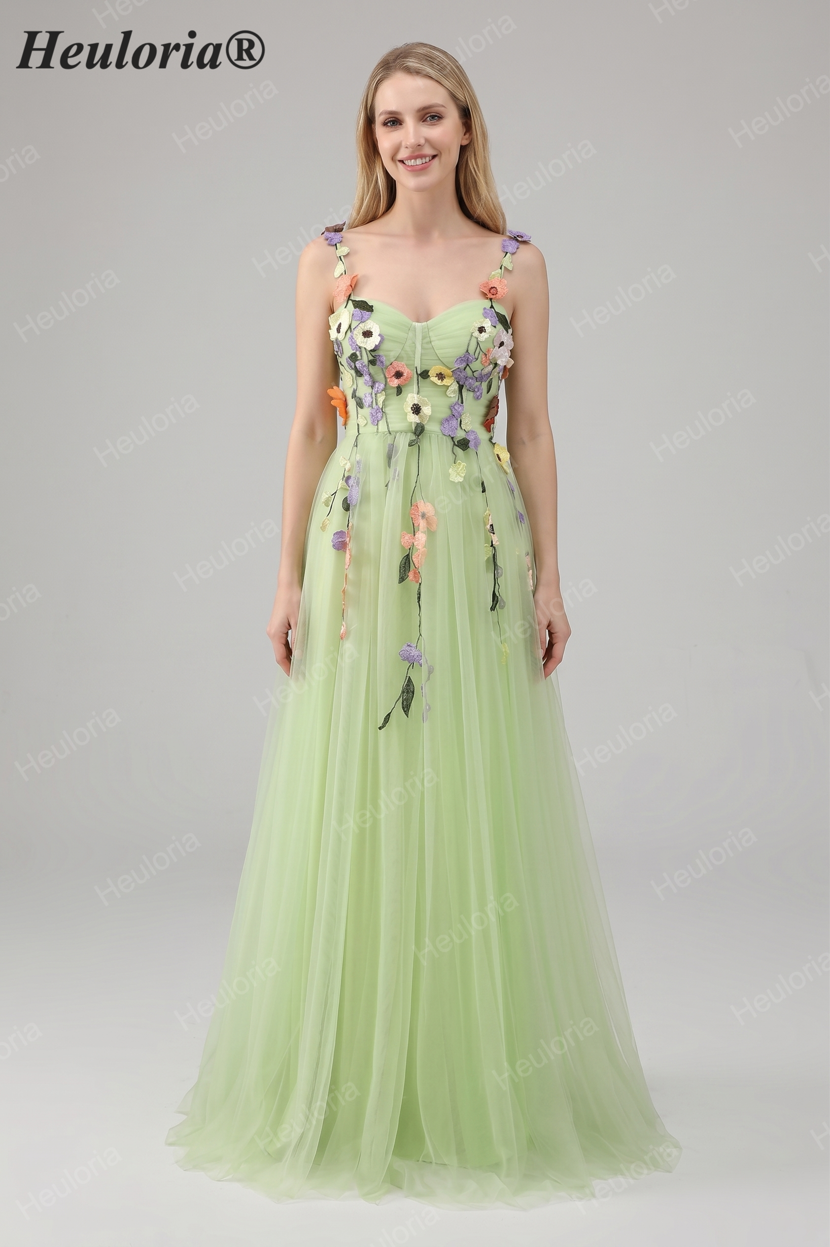 Heuloria Enchanted Garden 3D Floral Appliqué Tulle Prom Dress - Whimsical A-Line Formal Gown ED-585
