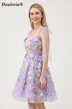 HEULORIA Enchanting Lavender 3D Floral Applique Tulle Prom Dress - Whimsical Tie-Strap Cocktail Party Gown ED-601