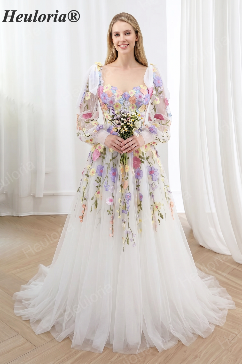 HEULORIA Enchanting 3D Floral Appliqué Tulle A-Line Wedding Dress with Detachable Bow Puff Sleeves ED-666 floor Imagen secundaria del producto