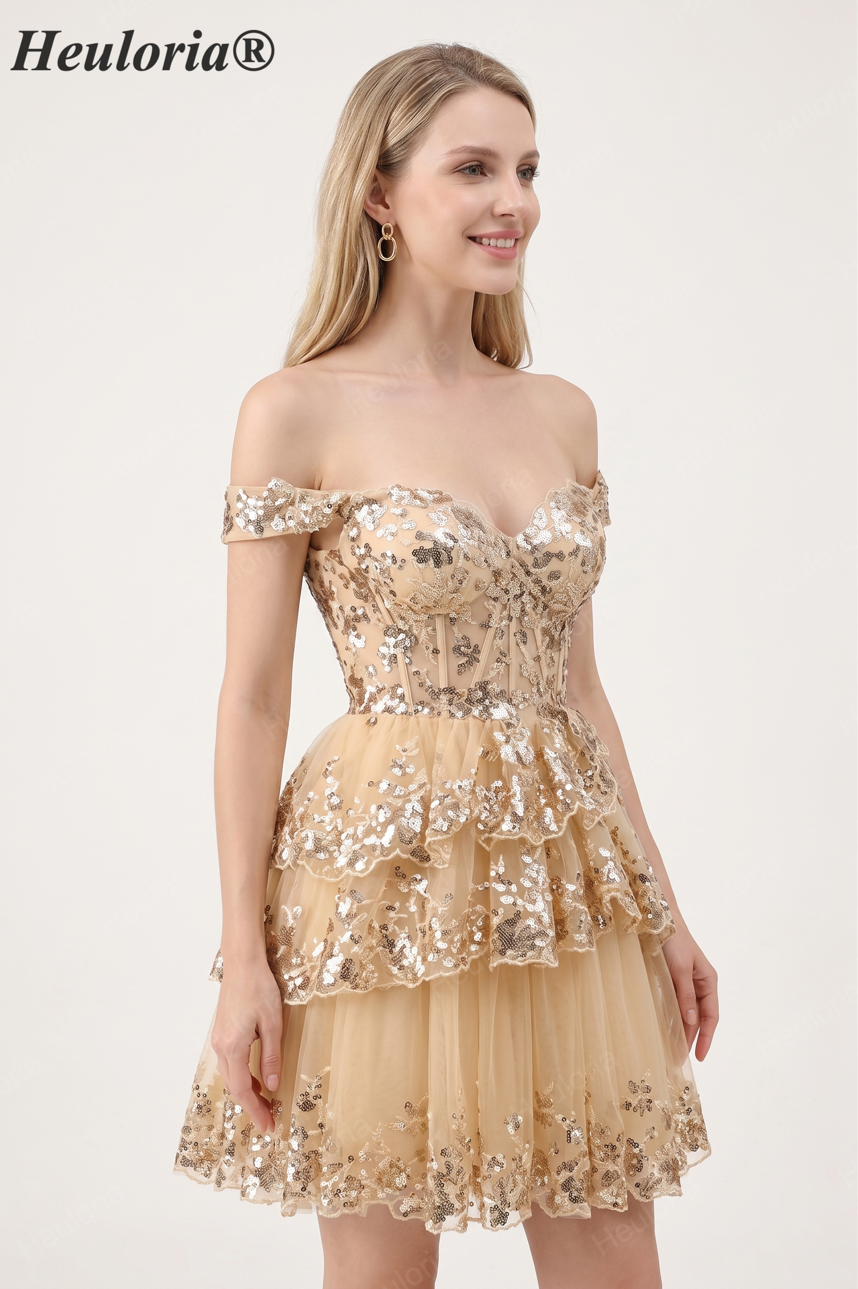 HEULORIA Champagne Off-the-Shoulder Sequin Tiered Mini Dress - Corset Bodice Party & Homecoming Dress ED-277