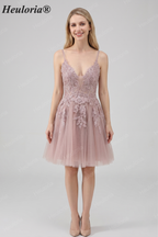 HEULORIA Heuloria Short A-Line Tulle Homecoming Dress with Beaded Lace and Illusion V-Neck ED-343