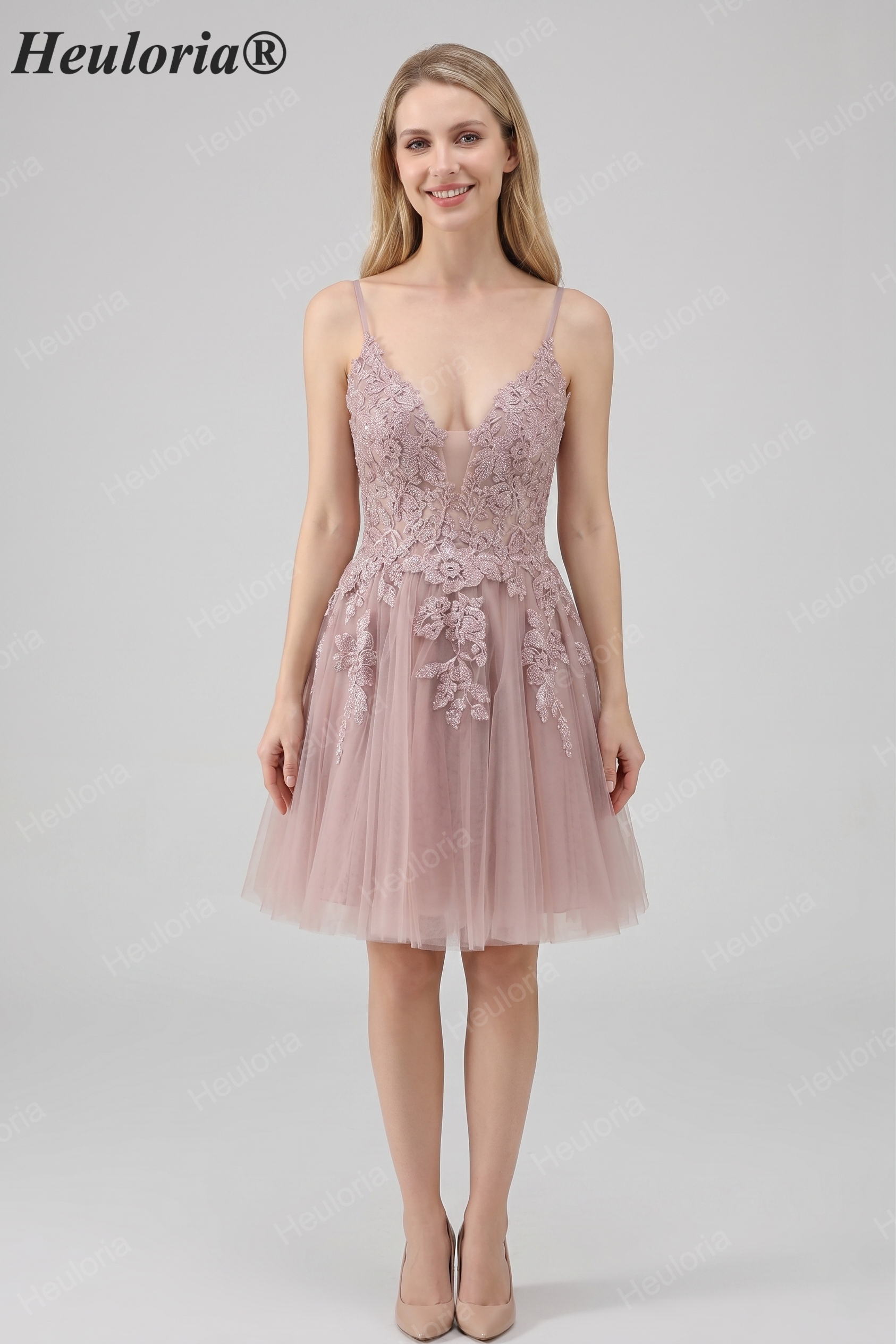 HEULORIA Heuloria Short A-Line Tulle Homecoming Dress with Beaded Lace and Illusion V-Neck ED-343