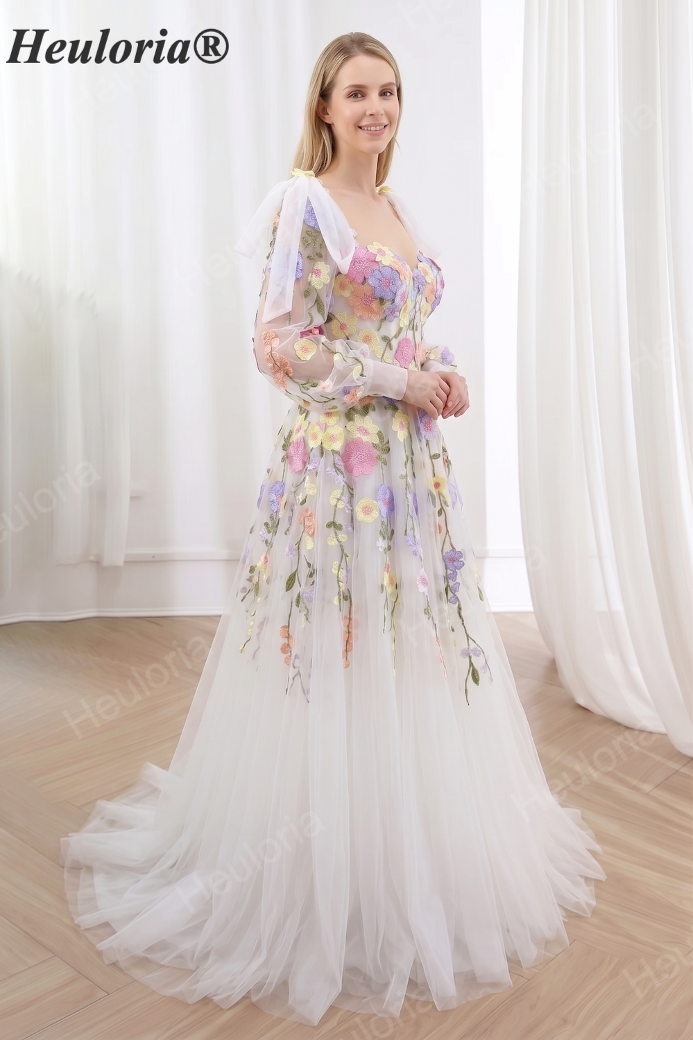 HEULORIA Enchanting 3D Floral Appliqué Tulle A-Line Wedding Dress with Detachable Bow Puff Sleeves ED-666 floor