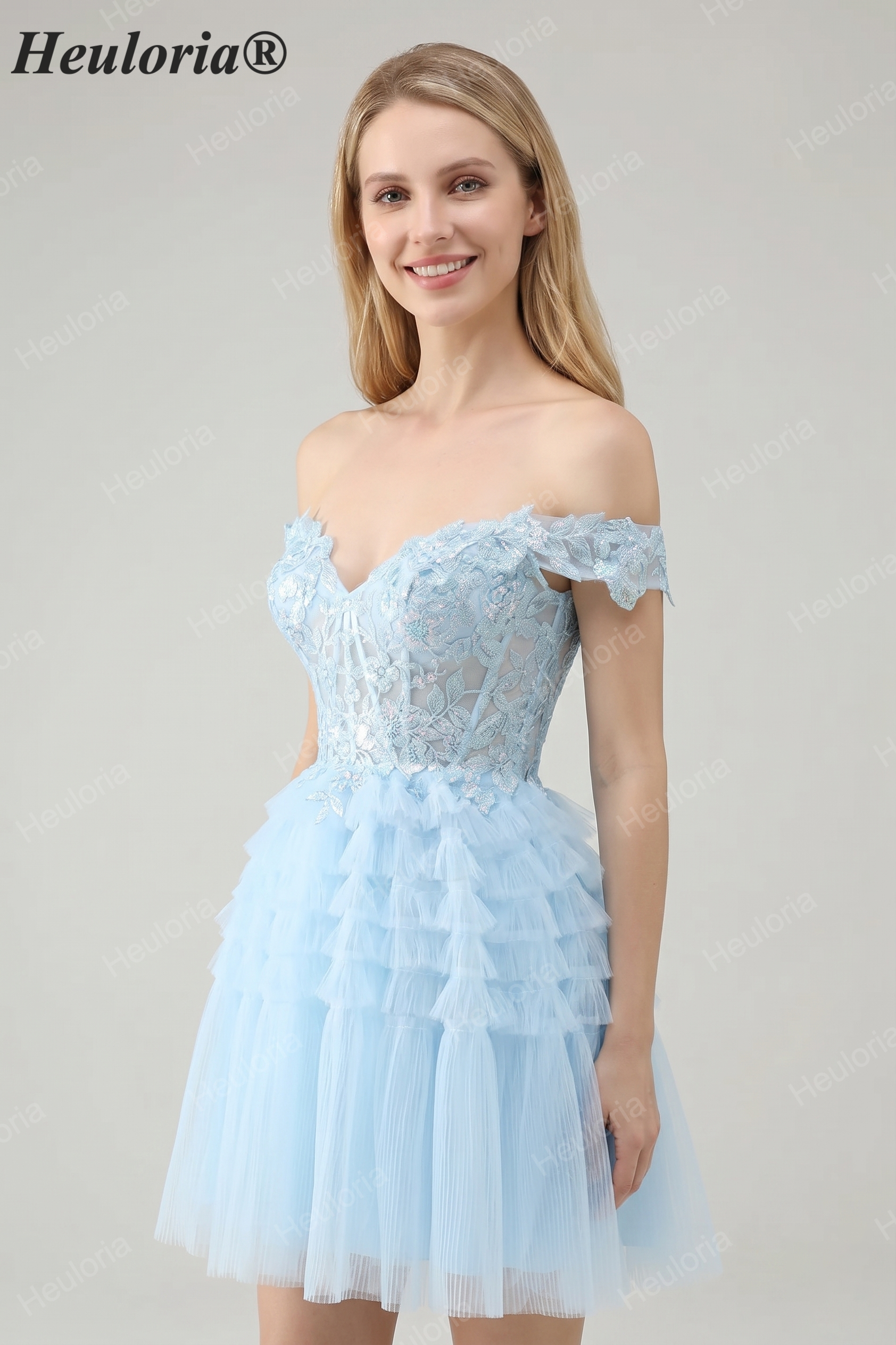 HEULORIA Blush A Line Off The Shoulder Corset Short Tulle Homecoming Dress ED-326 Immagine secondaria del prodotto