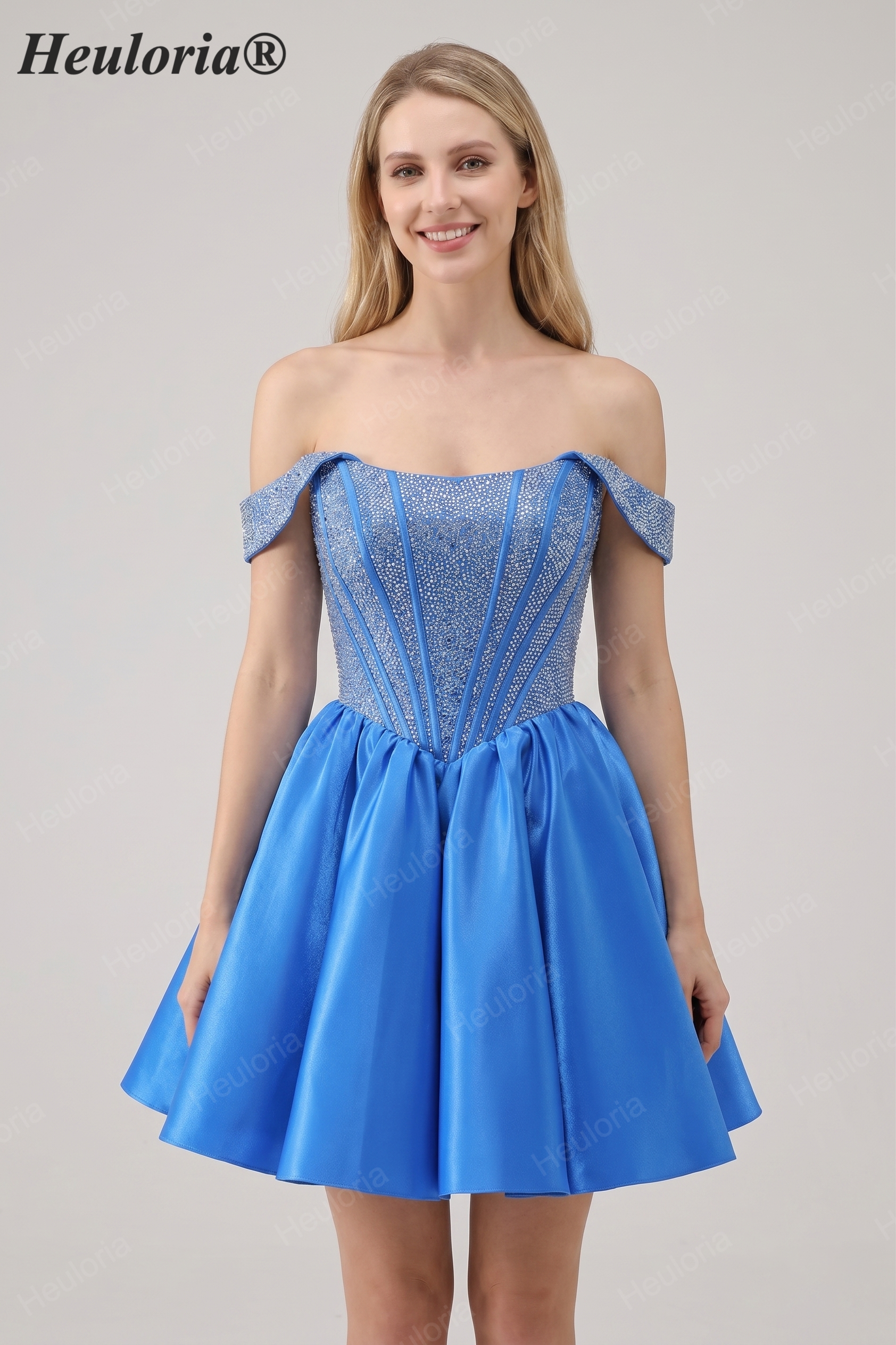 HEULORIA Sparkly Rhinestone Corset Homecoming Dress Off-the-Shoulder Satin Mini Party Gown ED-596
