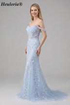 HEULORIA Enchanting Sky Blue 3D Floral Mermaid Prom Dress - Detachable Off-the-Shoulder Corset Evening Gown ED-350