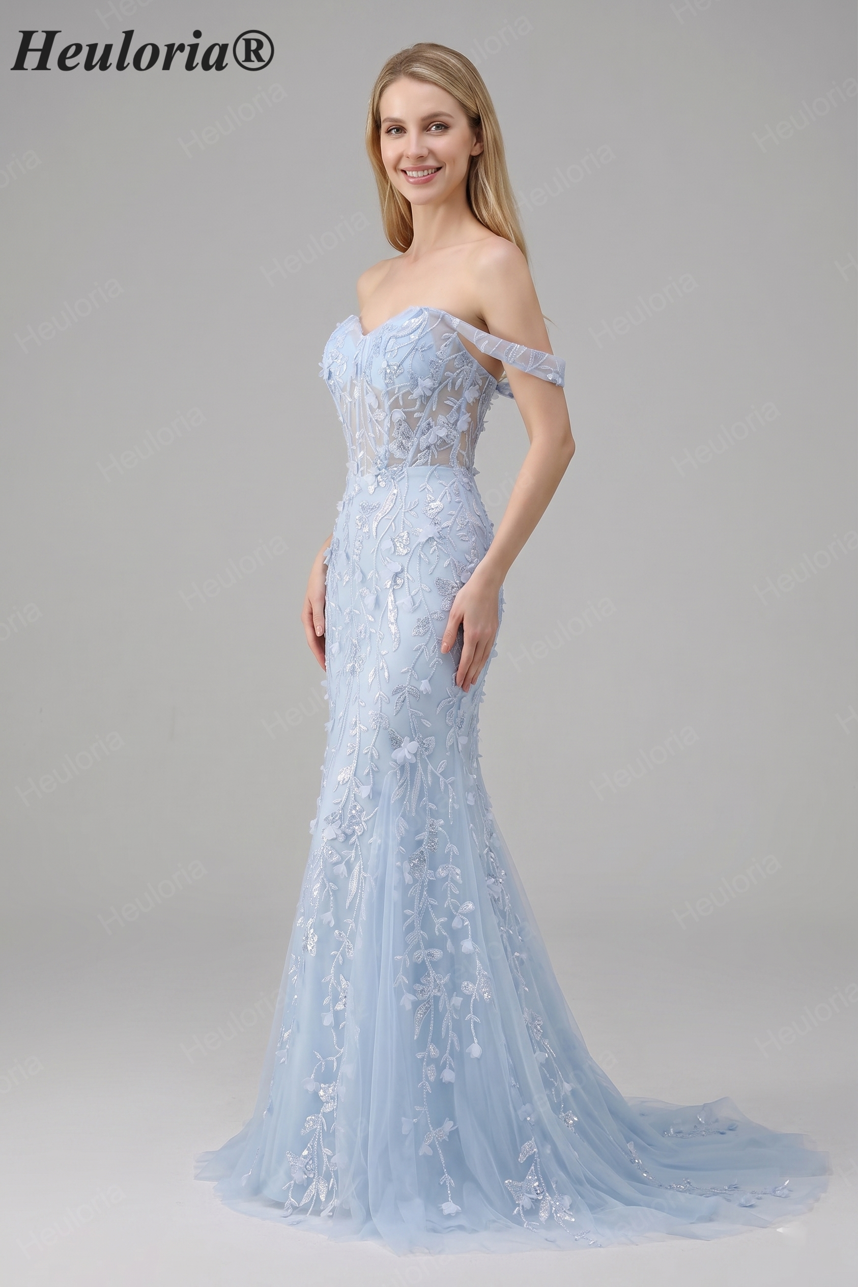 HEULORIA Enchanting Sky Blue 3D Floral Mermaid Prom Dress - Detachable Off-the-Shoulder Corset Evening Gown ED-350