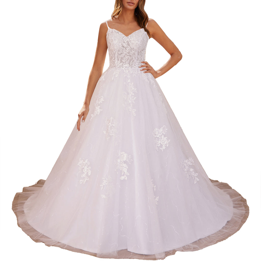 HEULORIA A-line Sweetheart Court Train Lace Tulle Wedding Dress With Sequins AL-717
