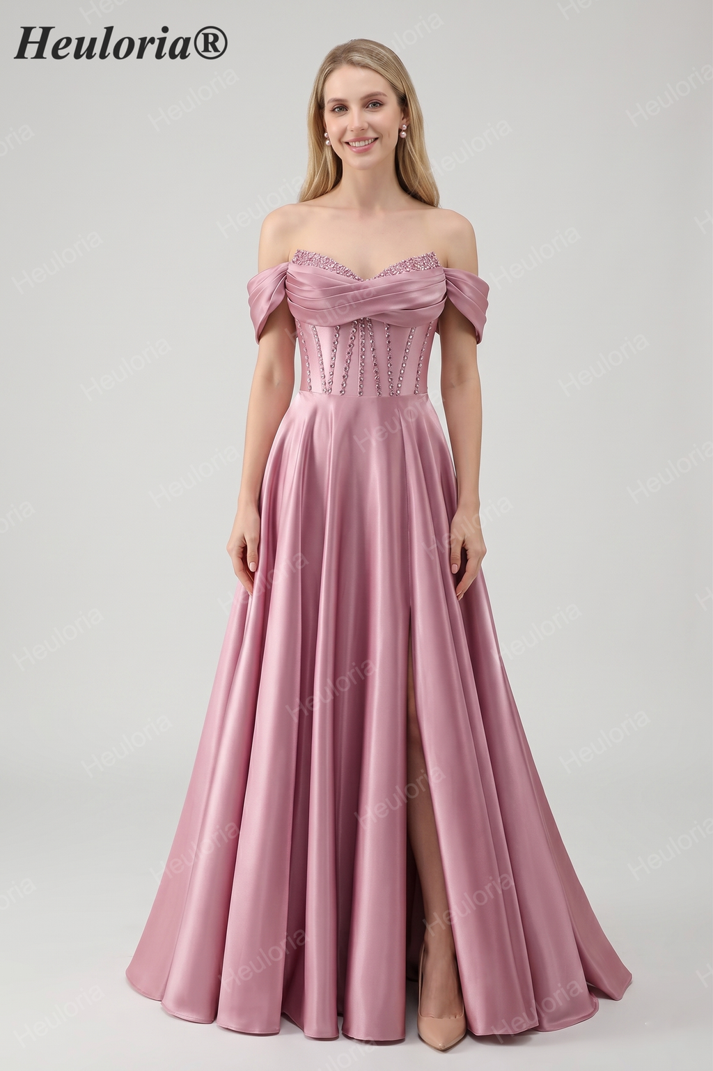 HEULORIA Off-the-Shoulder Sequin Beaded Satin Prom Dress with Slit & Corset Back ED-586
