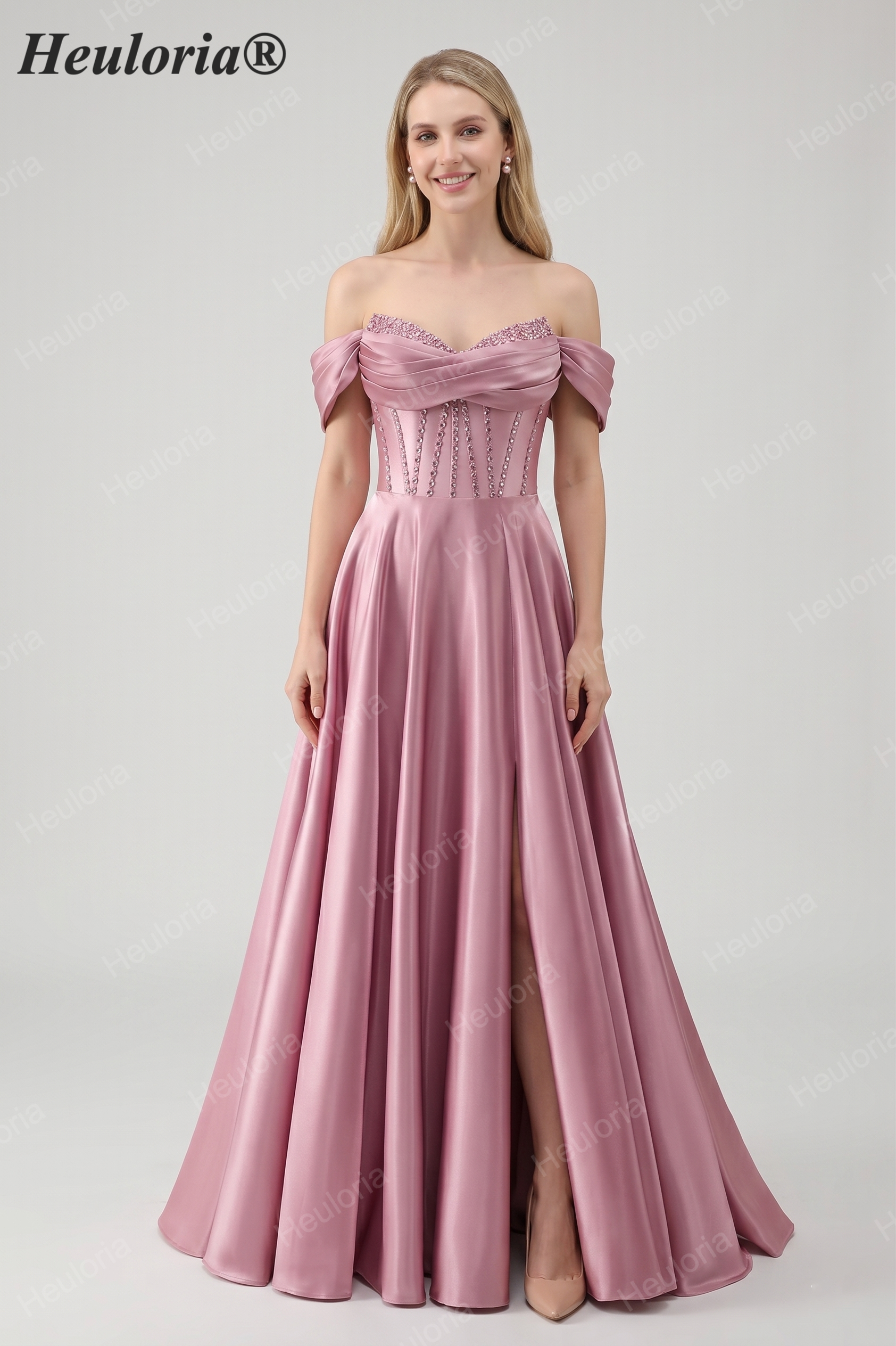 HEULORIA Off-the-Shoulder Sequin Beaded Satin Prom Dress with Slit & Corset Back ED-586