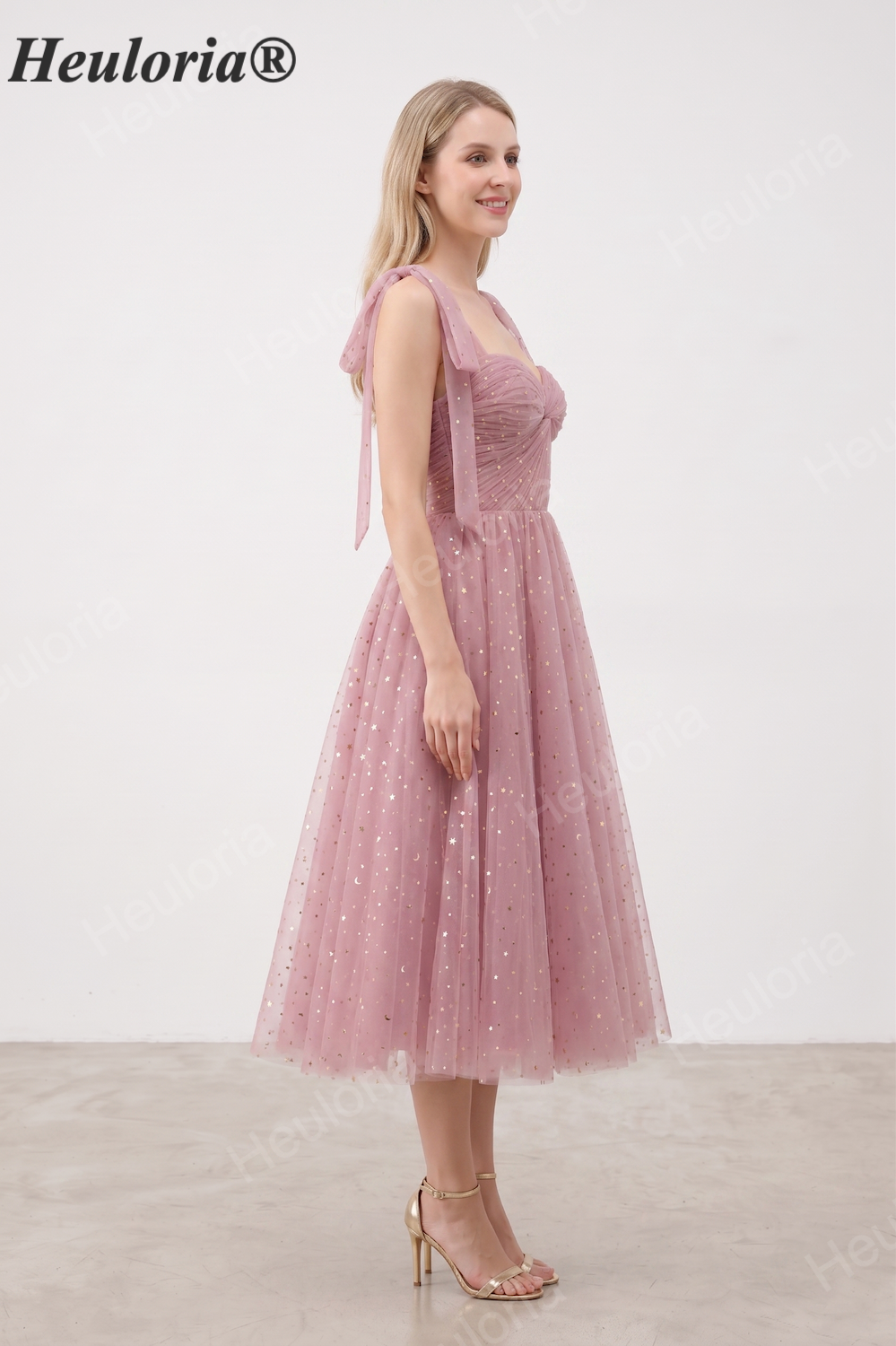 HEULORIA Celestial Starry Tulle Tea-Length Formal Dress with Tie Straps & Corset Back ED-443 Imagen secundaria del producto