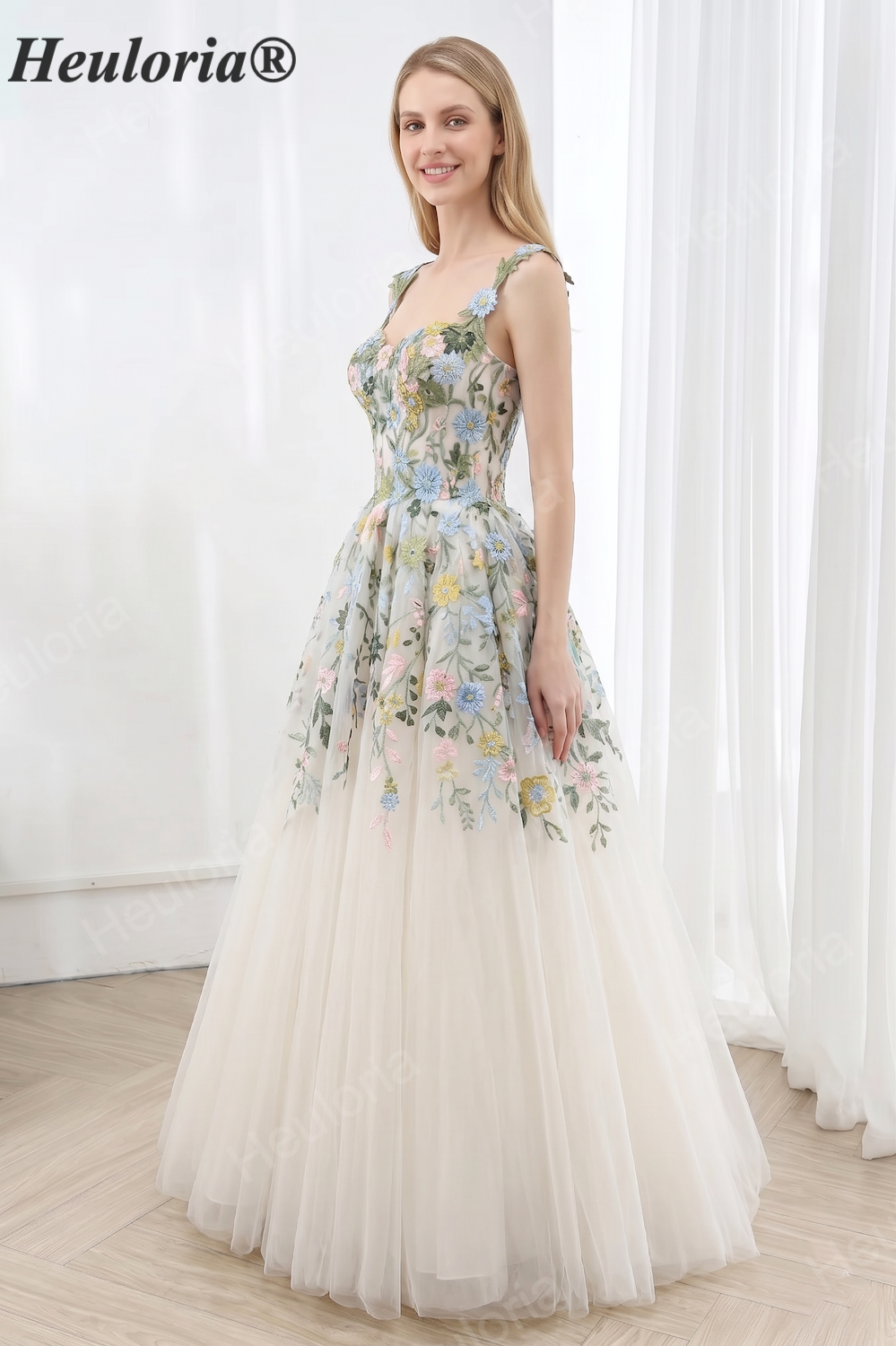 HEULORIA Whimsical Floral Embroidery A-Line Tulle Prom Gown - Fairycore Sweetheart Evening Dress with Corset Back ED-665 floor Imagen secundaria del producto