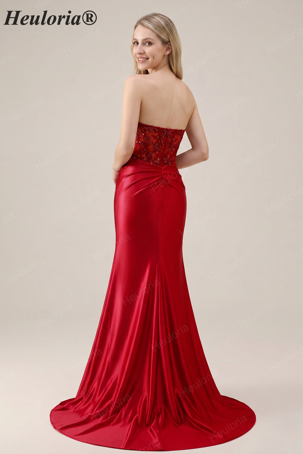 HEULORIA Elegant Red Mermaid Prom Dress with Illusion Lace Corset and High Slit ED-362