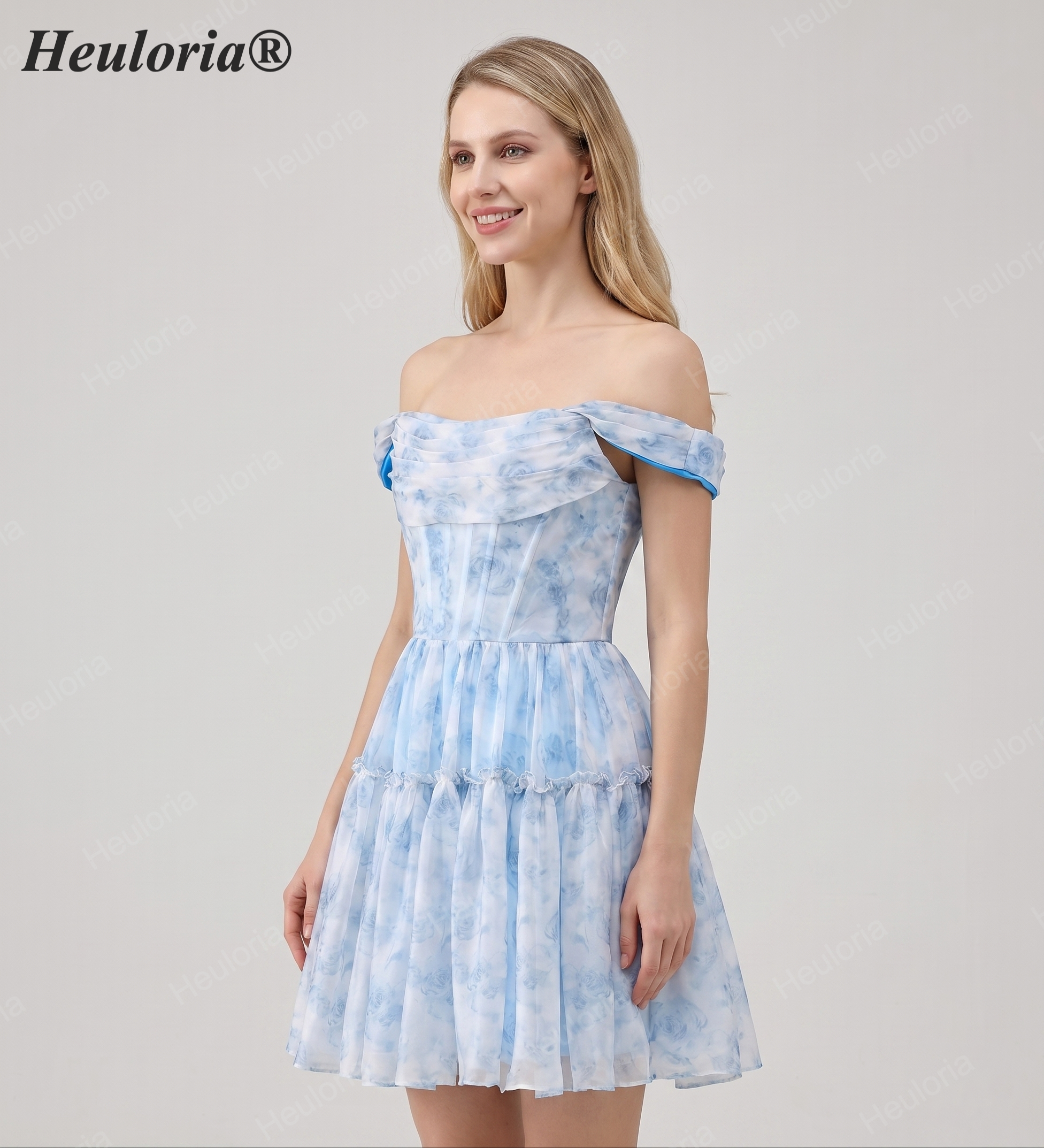 HEULORIA Ethereal Watercolor Floral Off-the-Shoulder Tiered Mini Dress ED-600