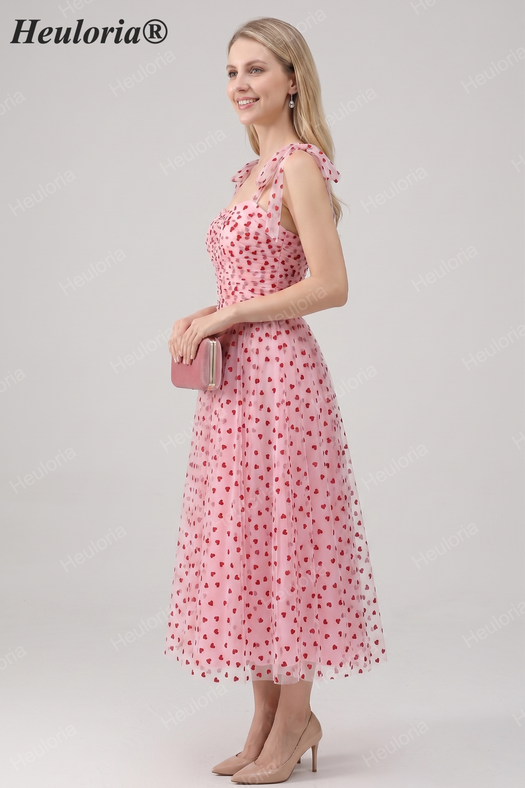 HEULORIA Romantic Pink Heart Print Tulle Midi Dress with Tie-Shoulder Bows ED-581