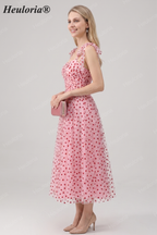 HEULORIA Romantic Pink Heart Print Tulle Midi Dress with Tie-Shoulder Bows ED-581