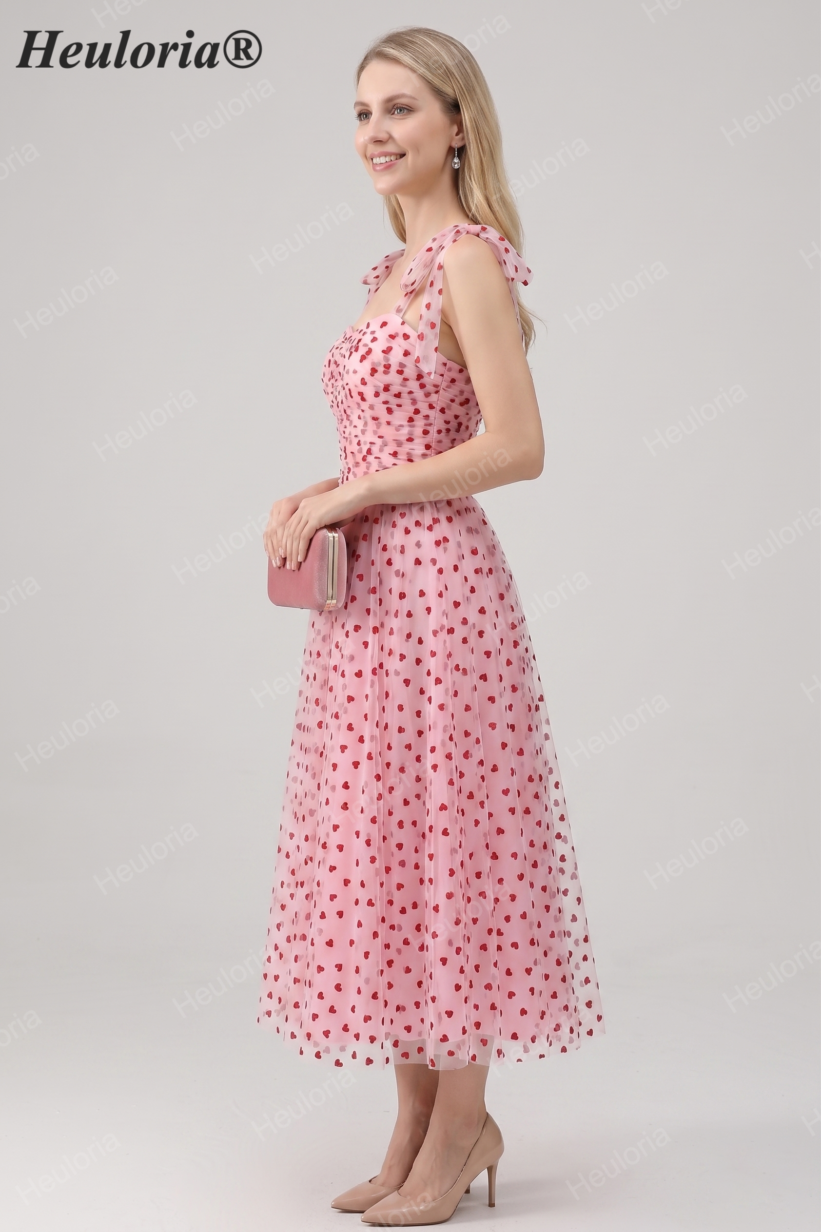 HEULORIA Romantic Pink Heart Print Tulle Midi Dress with Tie-Shoulder Bows ED-581