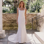 HEULORIA Minimalist Square Neck Sleeveless Mermaid Wedding Dress with Button-Down Train AL-QK219