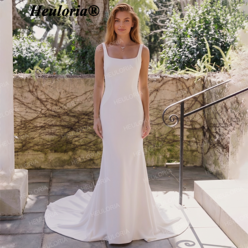 HEULORIA Minimalist Square Neck Sleeveless Mermaid Wedding Dress with Button-Down Train AL-QK219
