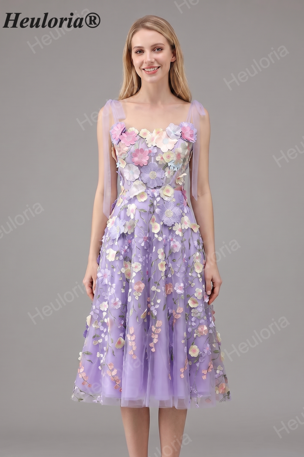 HEULORIA Enchanting Lavender 3D Floral Appliqué Tea-Length Prom Dress with Tulle Bow Straps ED-682