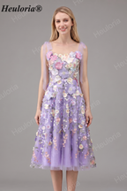 HEULORIA Enchanting Lavender 3D Floral Appliqué Tea-Length Prom Dress with Tulle Bow Straps ED-682