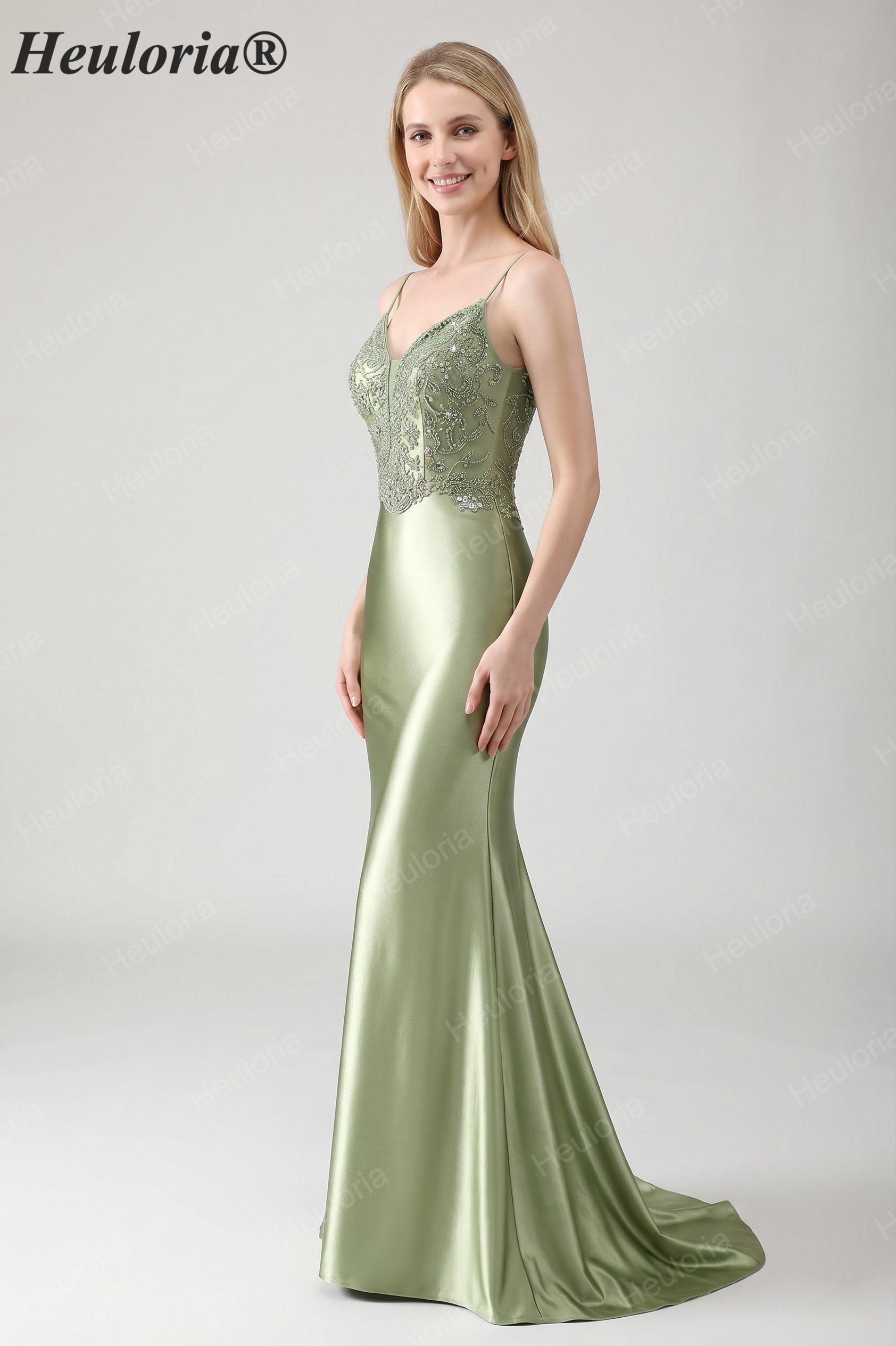 HEULORIA Sage Green Beaded Lace Mermaid Satin Prom Dress with Lace-up Corset Back ED-360