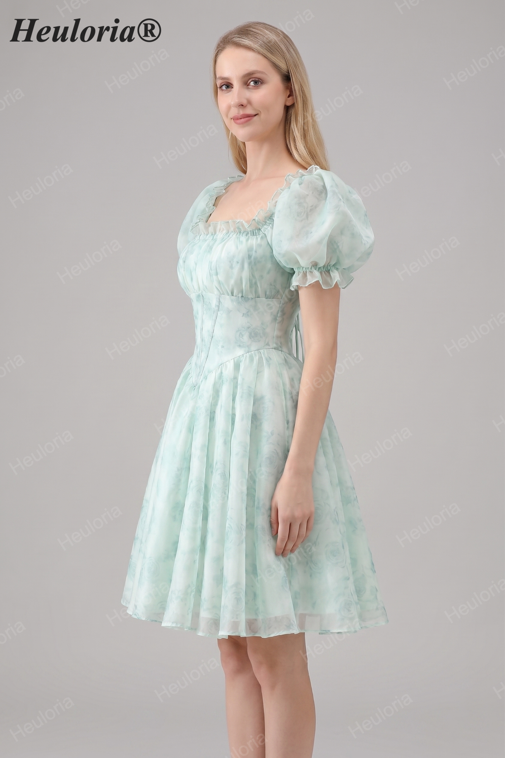HEULORIA Romantic Floral Puff Sleeve Square Neck Mini Dress with Corset Waist ED-592