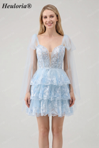 HEULORIA Sky Blue Floral Lace Tiered Mini Party Dress with Tulle Shoulder Streamers ED-593