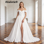 HEULORIA Elegant Off-the-Shoulder Satin Princess Wedding Dress with High Slit & Sheer Corset Back AL-227
