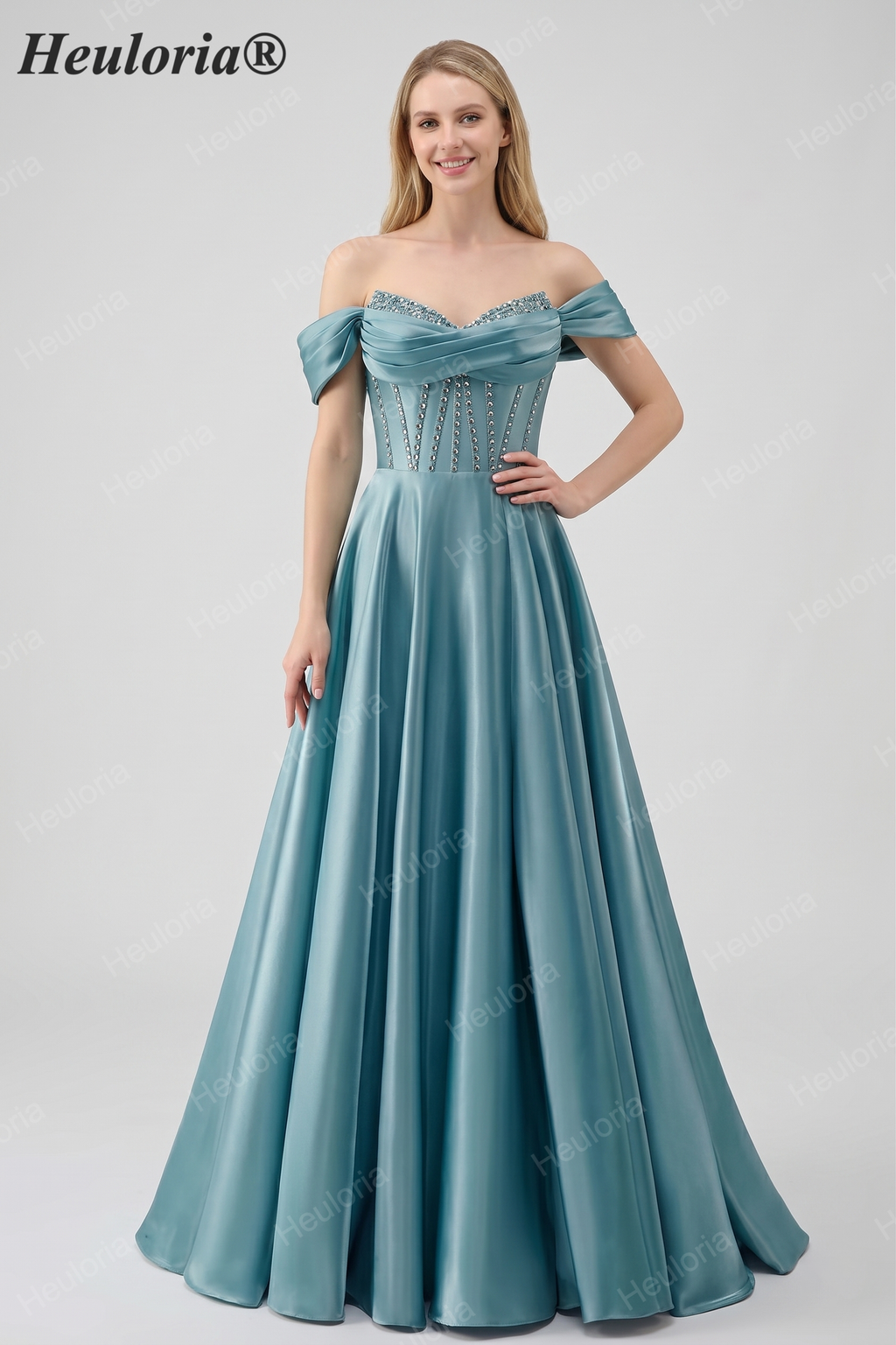 HEULORIA Off-the-Shoulder Sequin Beaded Satin Prom Dress with Slit & Corset Back ED-586