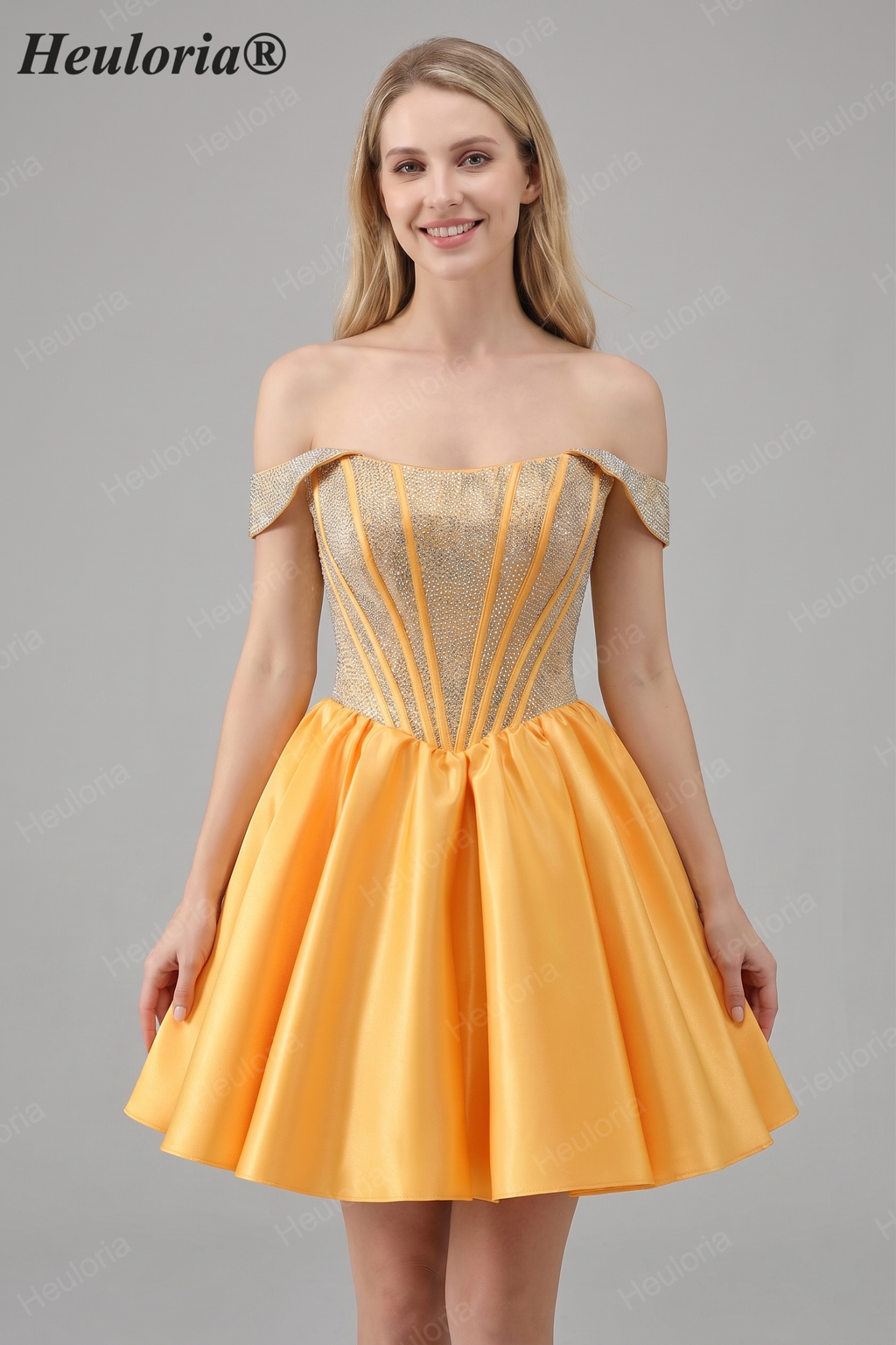 HEULORIA Sparkly Rhinestone Corset Homecoming Dress Off-the-Shoulder Satin Mini Party Gown ED-596