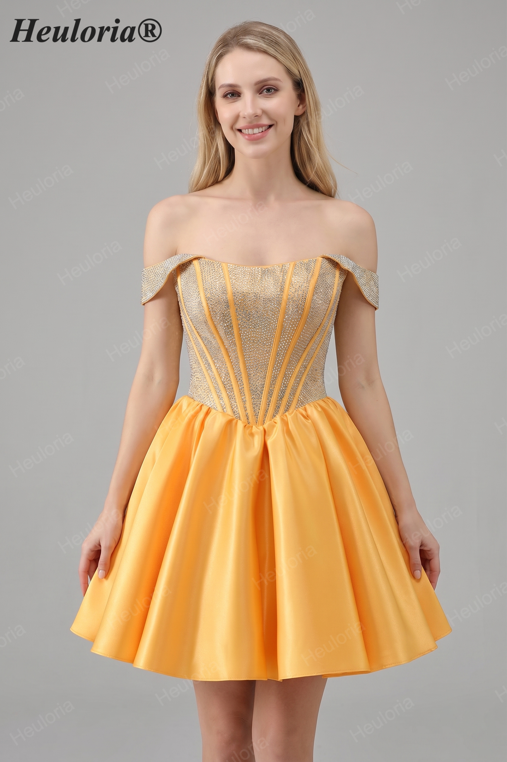 HEULORIA Sparkly Rhinestone Corset Homecoming Dress Off-the-Shoulder Satin Mini Party Gown ED-596