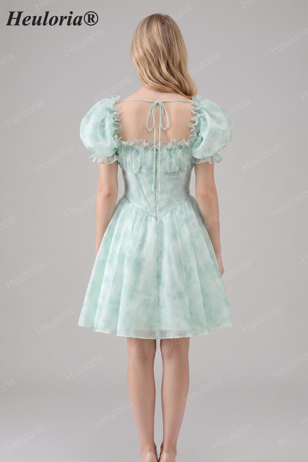 HEULORIA Romantic Floral Puff Sleeve Square Neck Mini Dress with Corset Waist ED-592