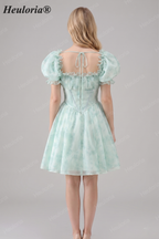 HEULORIA Romantic Floral Puff Sleeve Square Neck Mini Dress with Corset Waist ED-592