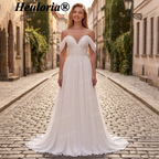 HEULORIA Ivory Sweetheart Off-the-Shoulder Chiffon Wedding Dress - Boho Romantic A-Line with Sweep Train AL-QK208