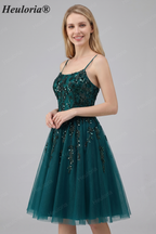 HEULORIA Sparkly Dark Green Short Prom Dress - Square Neck A-Line Tulle Homecoming Gown with Lace Appliqués ED-300