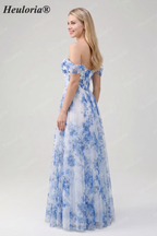 Heuloria Dreamy Blue Floral Strapless Tulle Prom Dress with High Slit and Corset Bodice ED-509