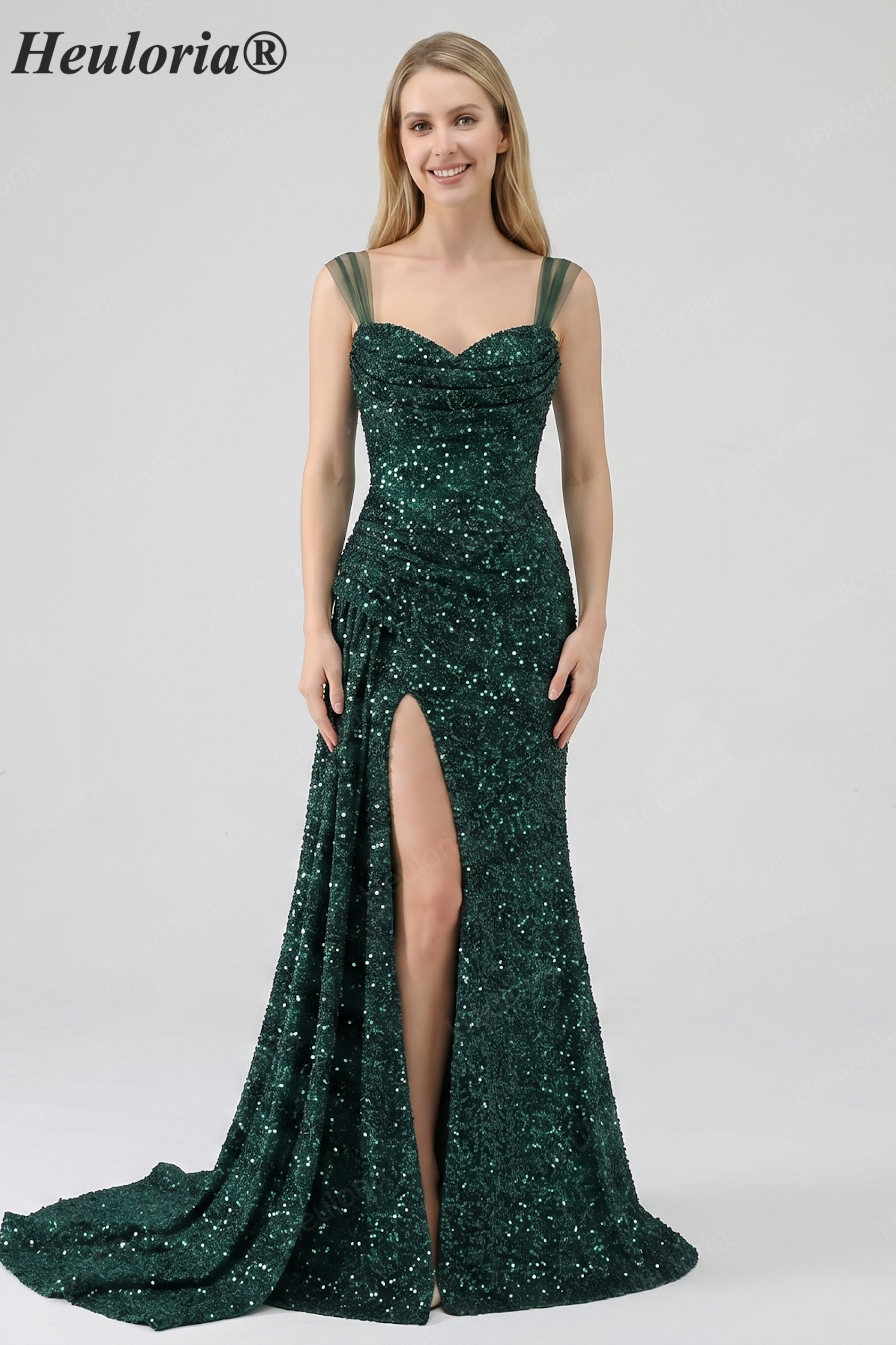 HEULORIA Glamorous Emerald Green Sequin High Slit Evening Gown with Ruched Bodice ED-373