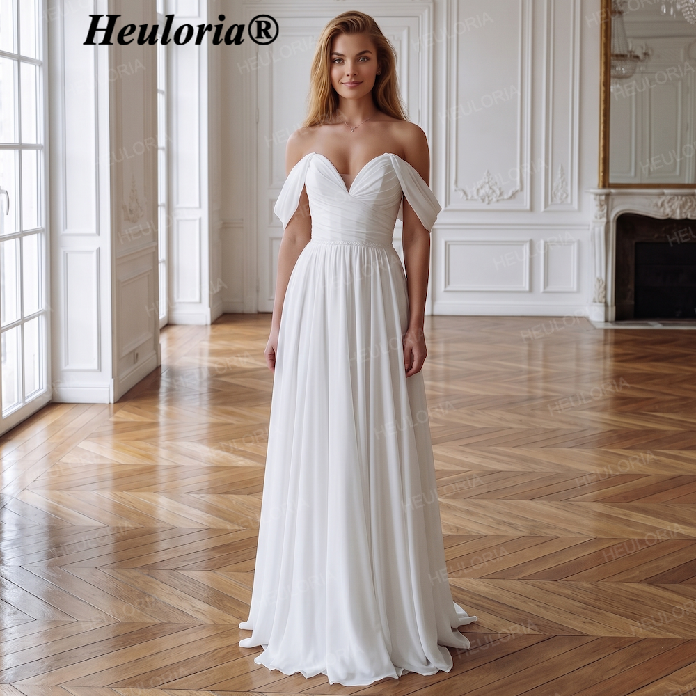HEULORIA Ivory Sweetheart Off-the-Shoulder Chiffon Wedding Dress - Boho Romantic A-Line with Sweep Train AL-QK208
